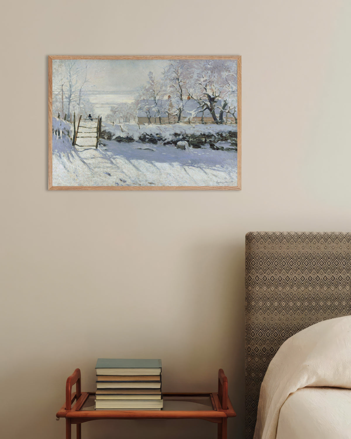 Claude Monet’n Harakka (1868–1869) -juliste luonnonvärisessä puukehyksessä