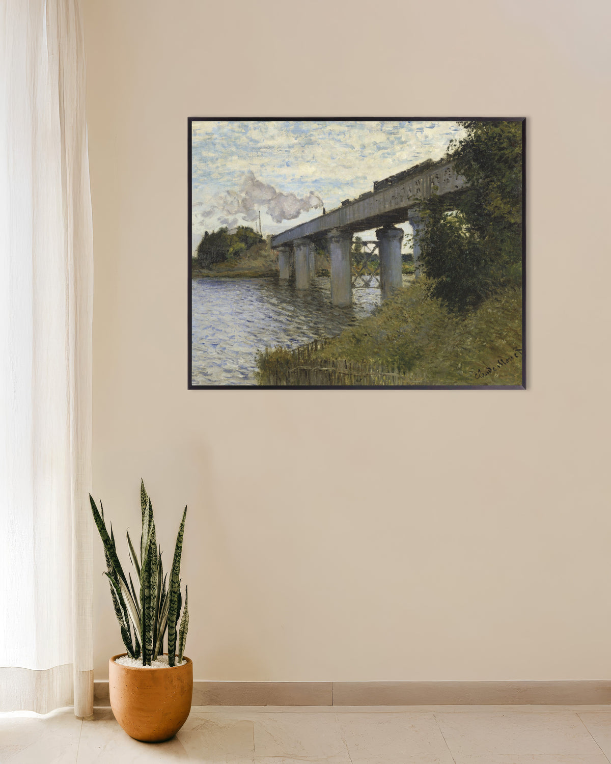 Claude Monet’n Argenteuilin rautatiesilta (1873–1874) -juliste metallikehyksessä
