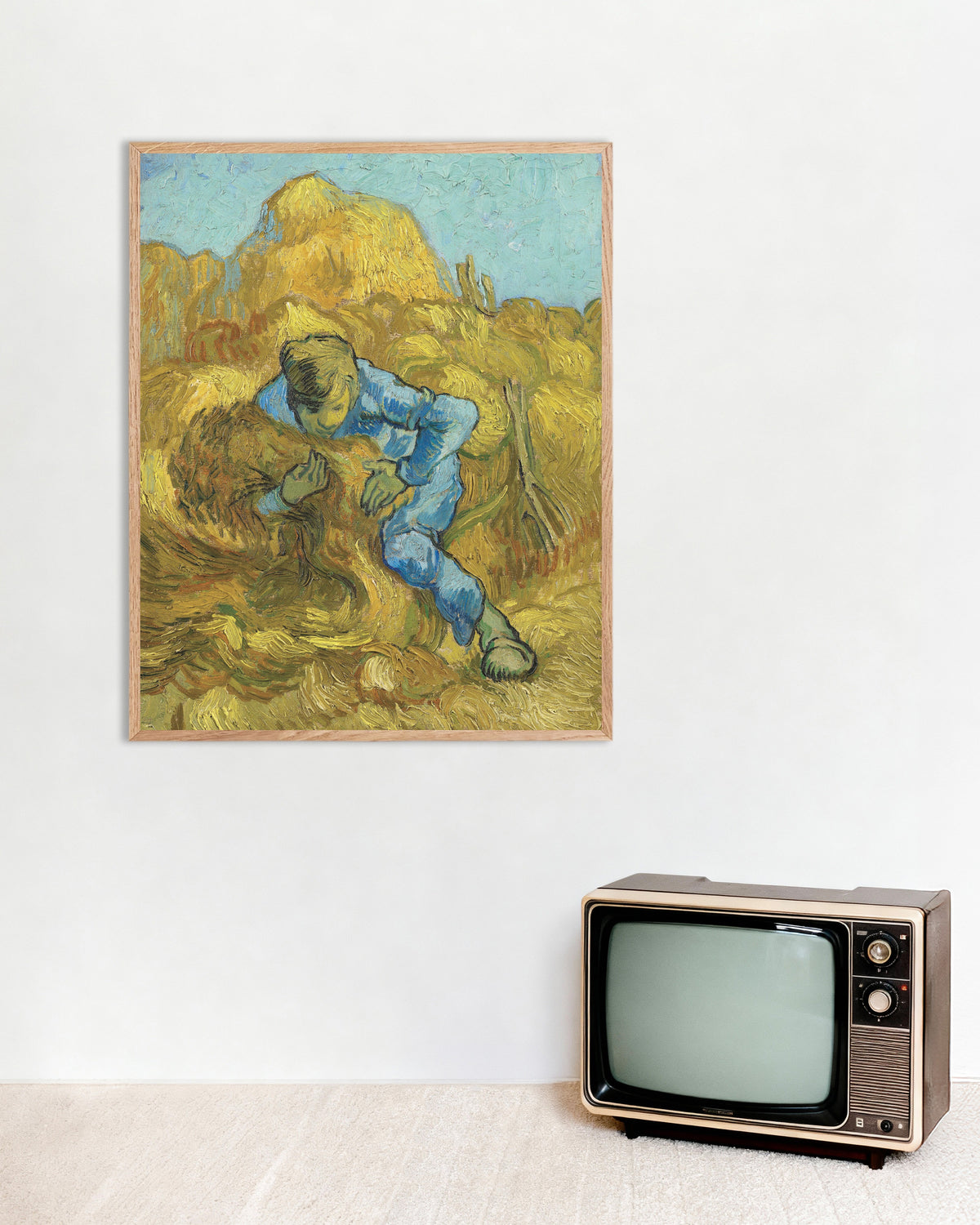 Juliste teoksesta Lyhteensitoja, Milletiä mukaillen (1889), Vincent van Gogh, luonnonvärisissä puukehyksissä