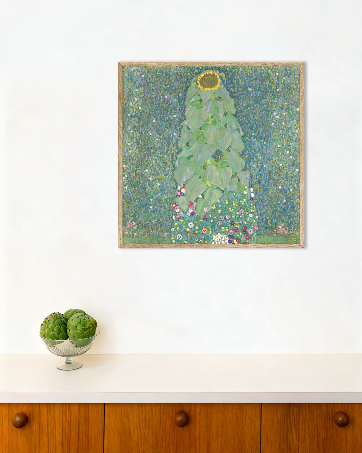 Gustav Klimtin Auringonkukka (1907–1908) -juliste luonnonvärisessä puukehyksessä