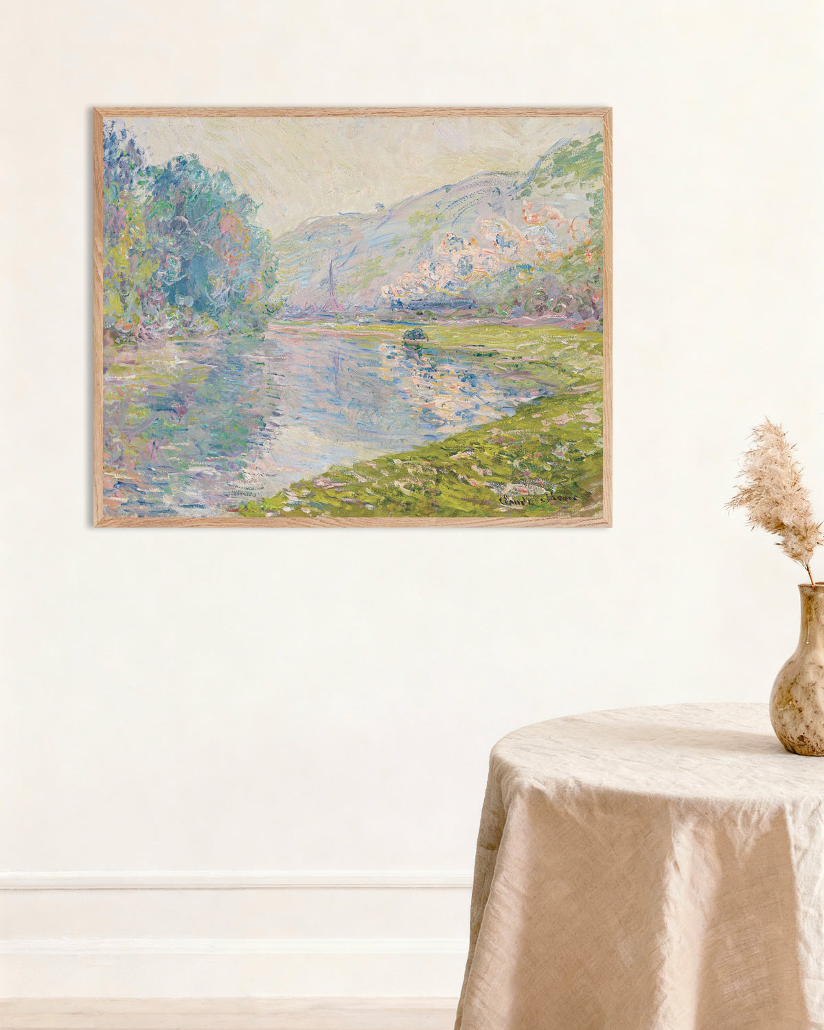 Claude Monet’n Juna Jeufossessa (1884) -juliste luonnonvärisessä puukehyksessä