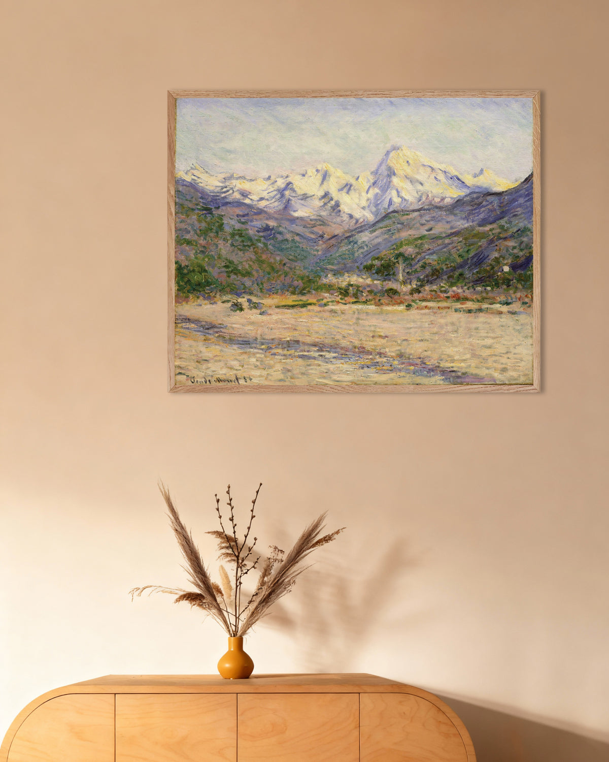 Claude Monet’n Nervian laakso (1884) -juliste luonnonvärisessä puukehyksessä