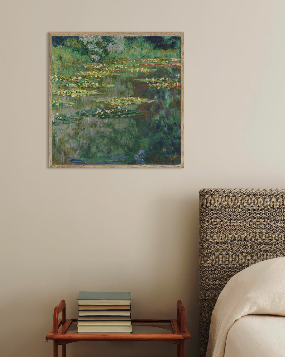 Claude Monet’n Lumpelampi (1904) -juliste luonnonvärisessä puukehyksessä