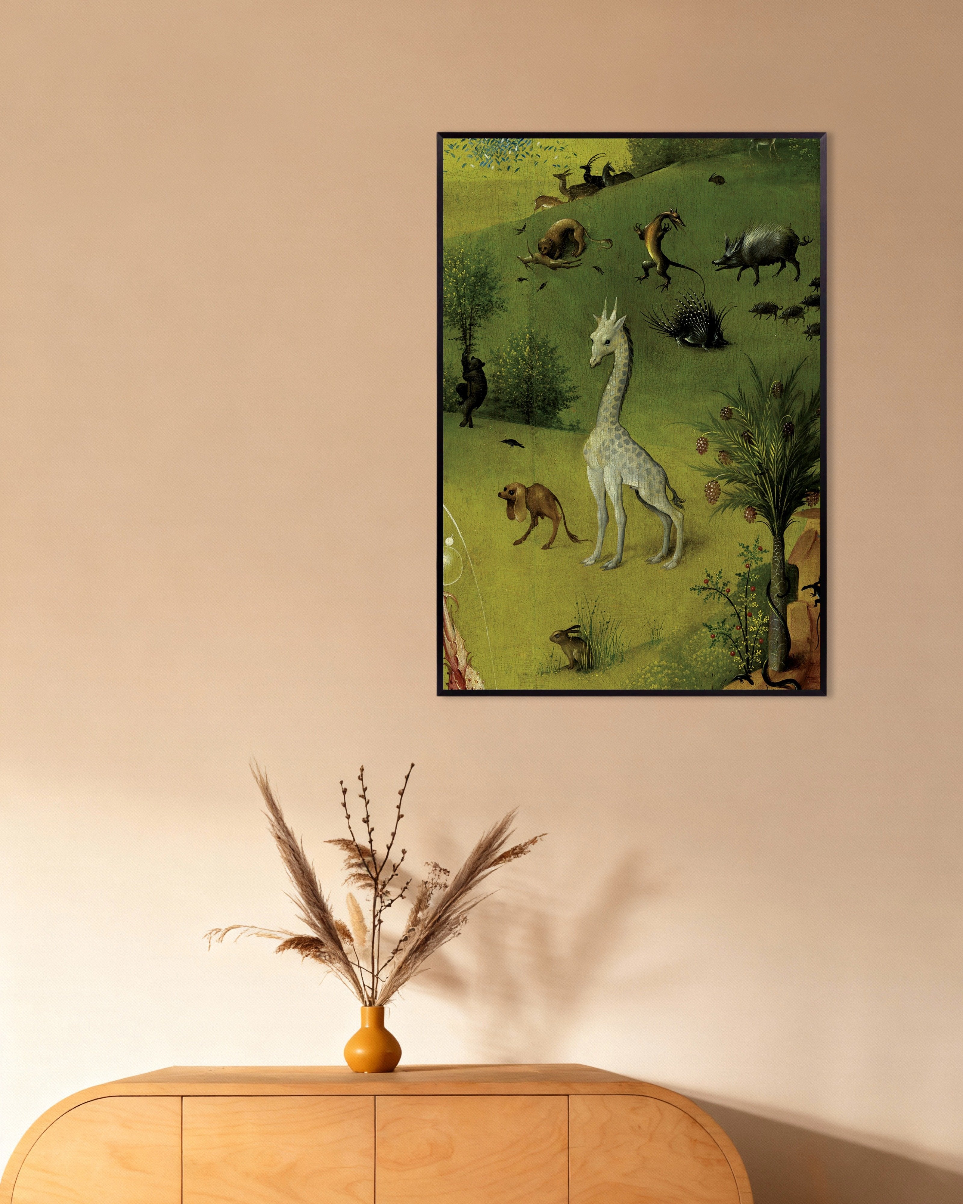 Poster of The white giraffe and exotic beasts - Detail from The Garden of Earthly Delights, with metal frame