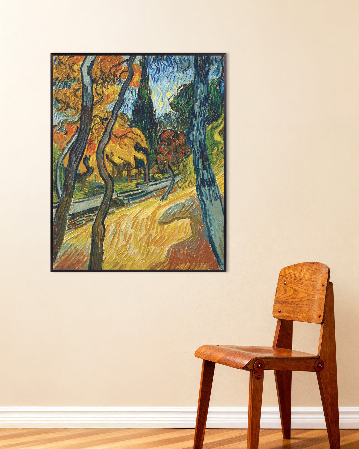 Juliste teoksesta Puut Asylum Gardenissa (1889), Vincent van Goghin teos, metallikehyksellä