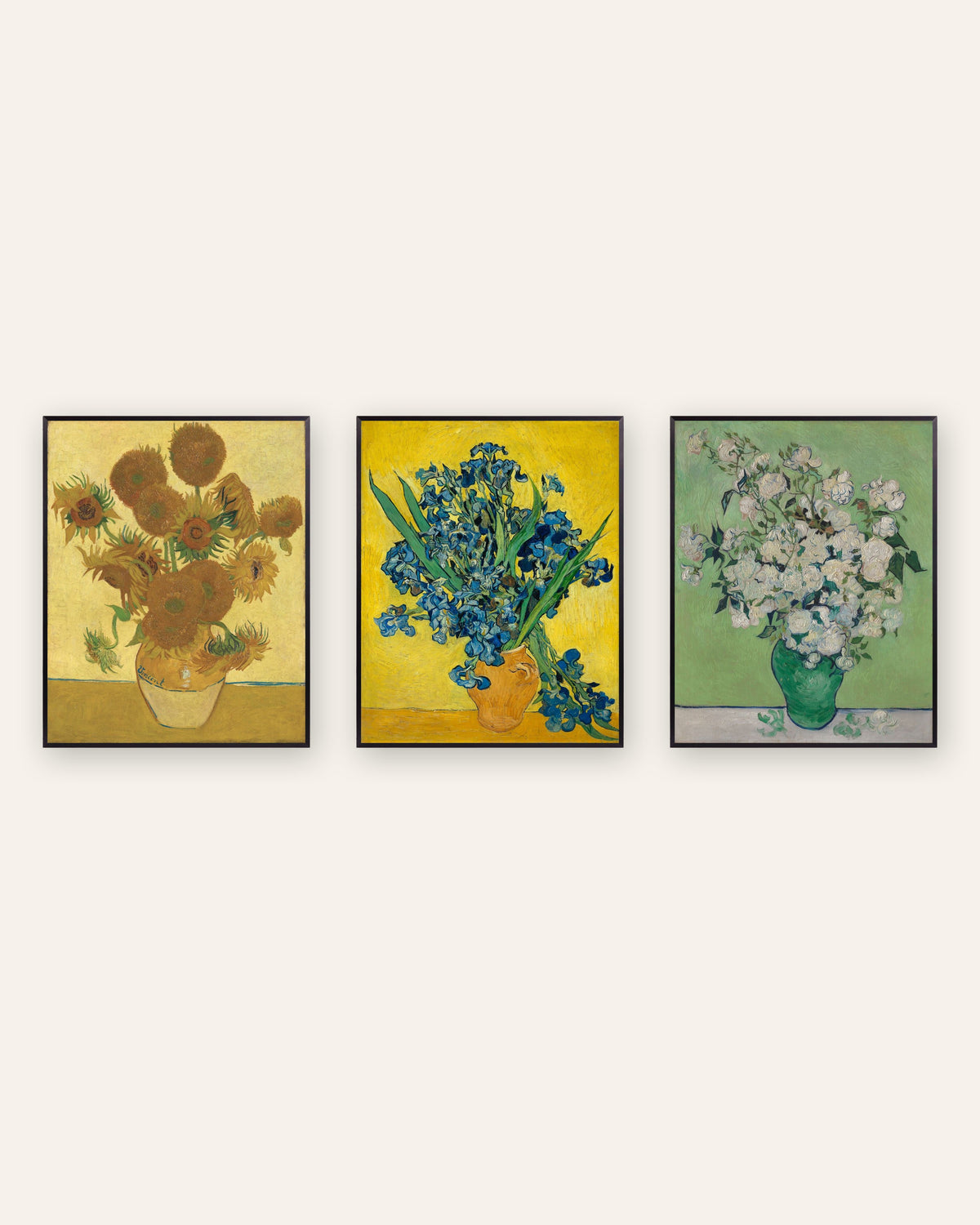 Van Gogh -kukkajulisteet, 3 kpl setti: Auringonkukat, Iirikset ja Ruusut, mustissa metallikehyksissä