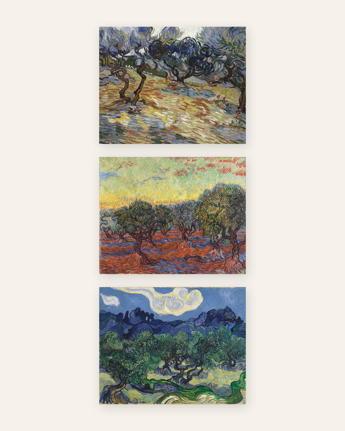 Van Gogh -julisteet oliivipuista, 3 kpl setti: Saint-Rémyn oliivilehdot, ilman kehystä