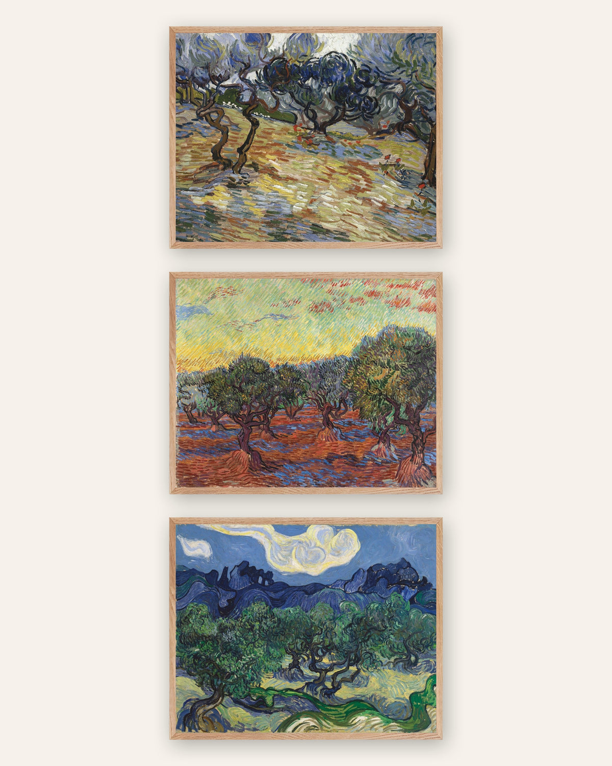 Van Gogh -julisteet oliivipuista, 3 kpl setti: Saint-Rémyn oliivilehdot, luonnontammikehyksissä