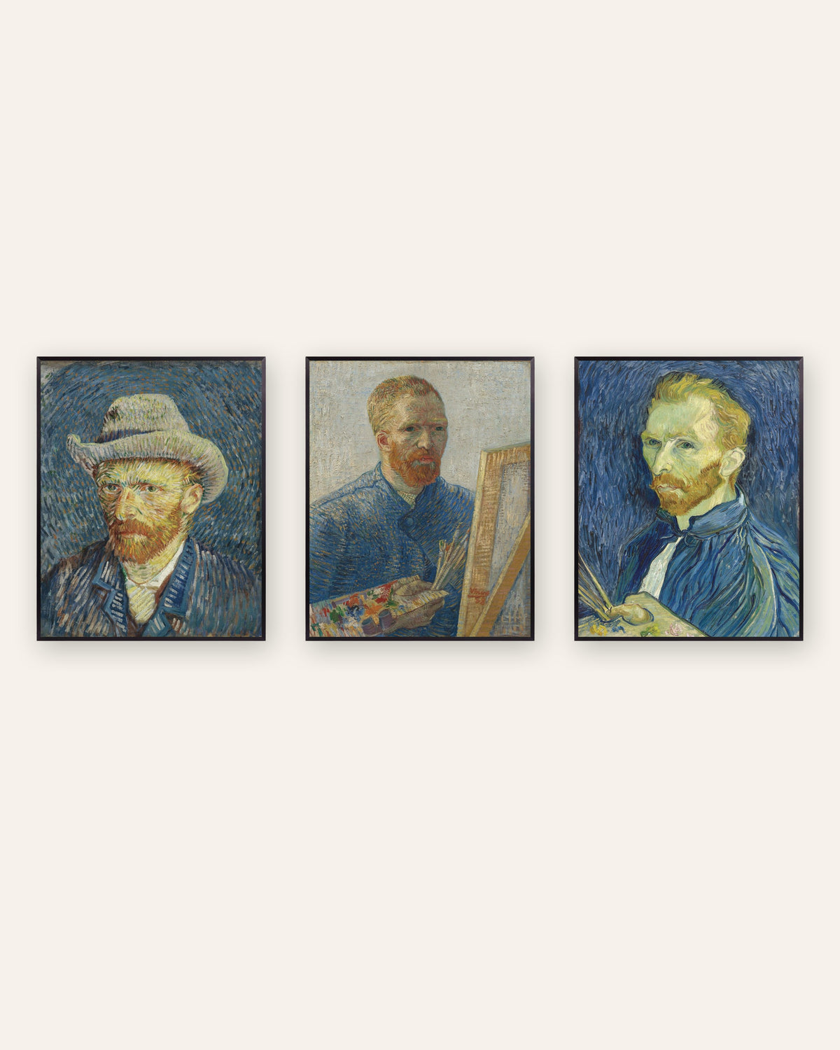Van Gogh -omakuvajulisteet, 3 kpl setti: Pariisista Saint-Rémyyn, mustissa metallikehyksissä
