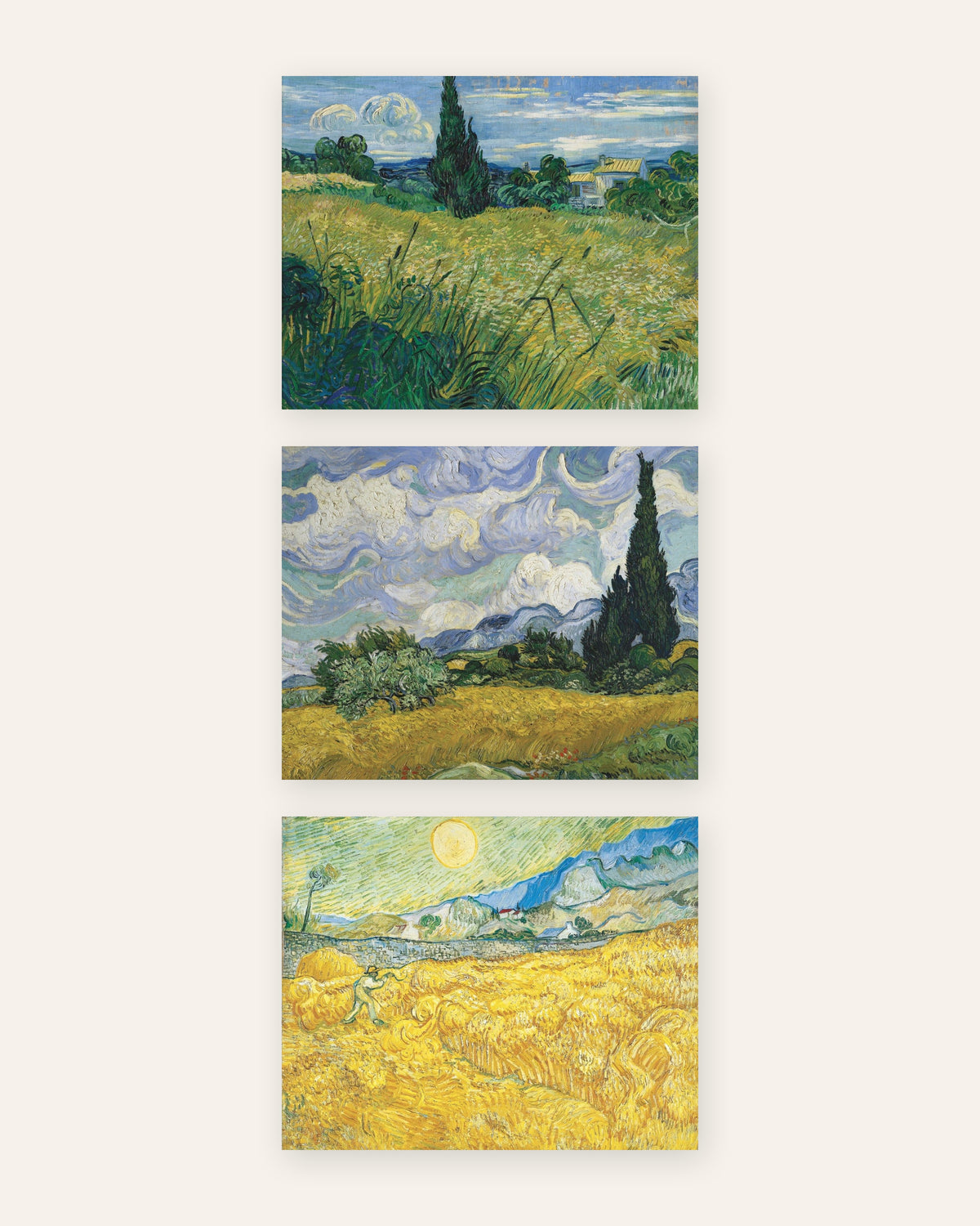 Van Gogh -julisteet vehnäpelloista, 3 kpl setti: sypressit ja sadonkorjuu, ilman kehystä