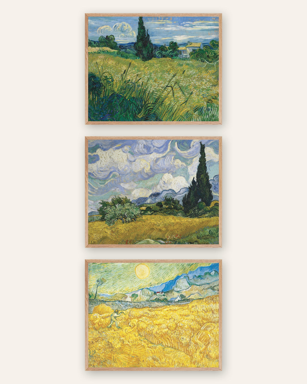 Van Gogh -julisteet vehnäpelloista, 3 kpl setti: sypressit ja sadonkorjuu, luonnontammikehyksissä