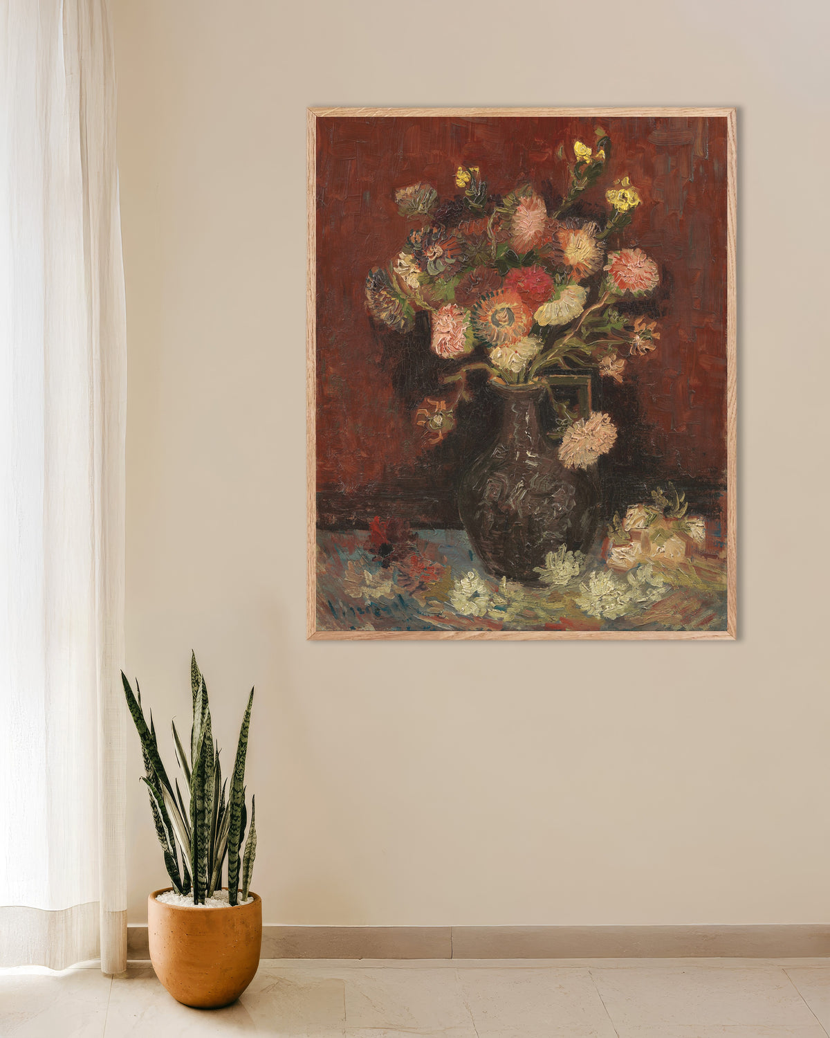 Juliste Vincent van Goghin teoksesta Maljakko, jossa on kiinanastereita ja gladioluksia (1886), luonnonvärisellä puukehyksellä