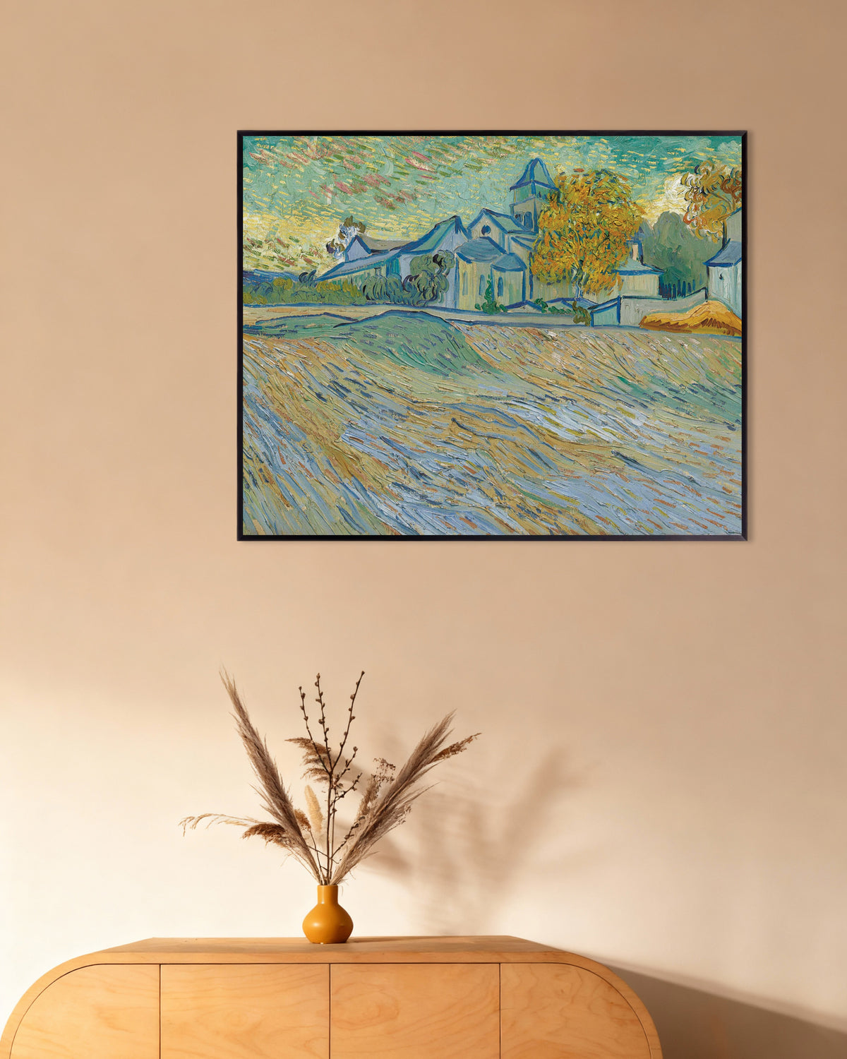 Juliste teoksesta Näkymä Saint-Rémyn mielisairaalaan ja kappeliin (1889), Vincent van Gogh, metallikehyksellä