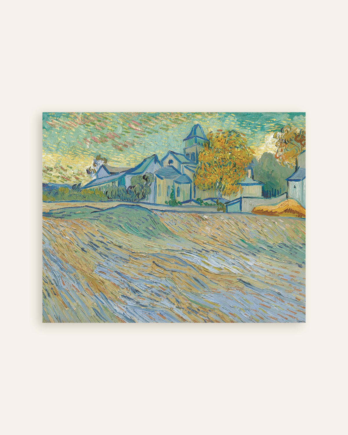 Pikkukuva julisteesta, jossa on Näkymä Saint-Rémyn mielisairaalaan ja kappeliin (1889), Vincent van Gogh