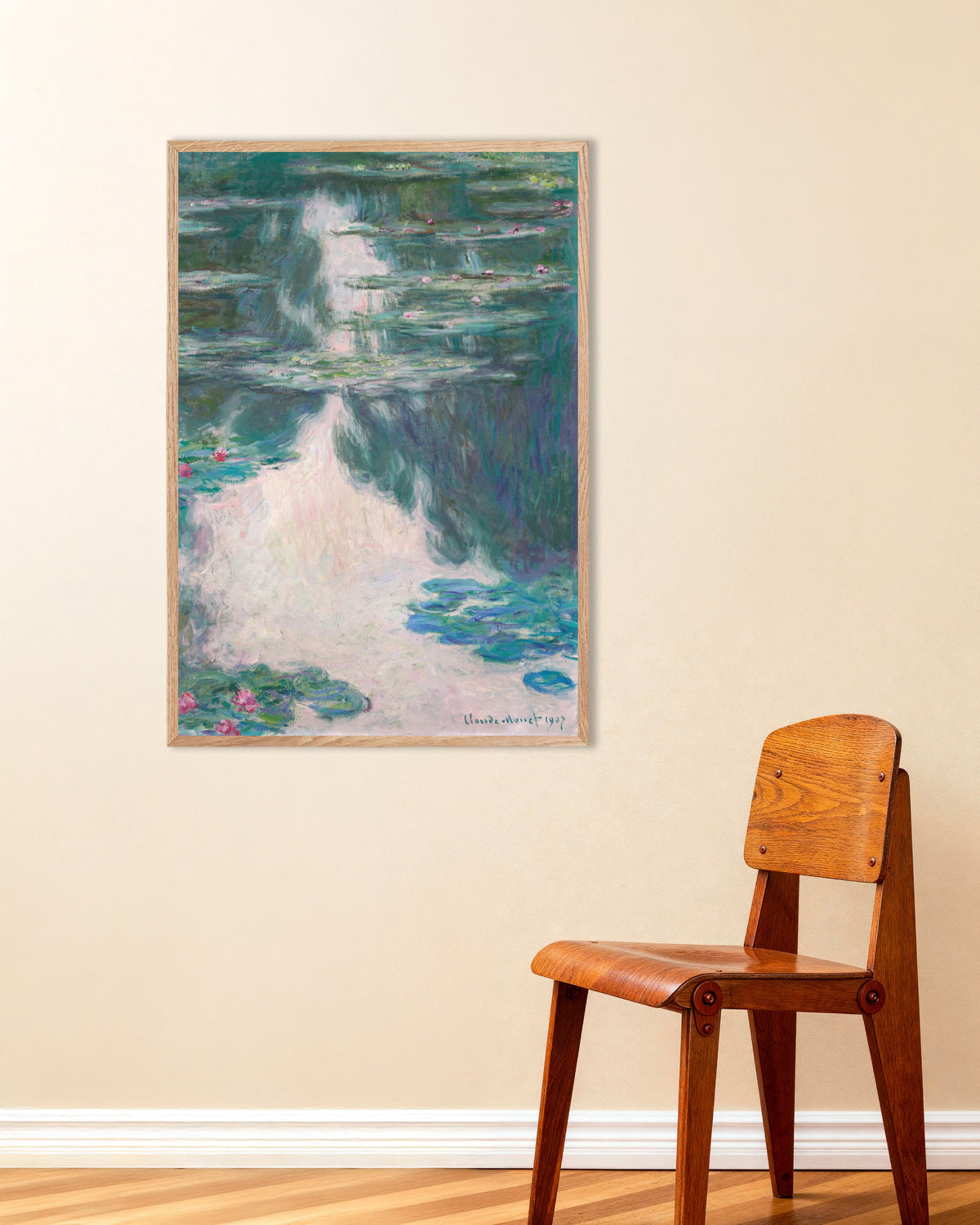 Claude Monet’n Lumpeet, harmaa sää (1907) -juliste luonnonvärisessä puukehyksessä