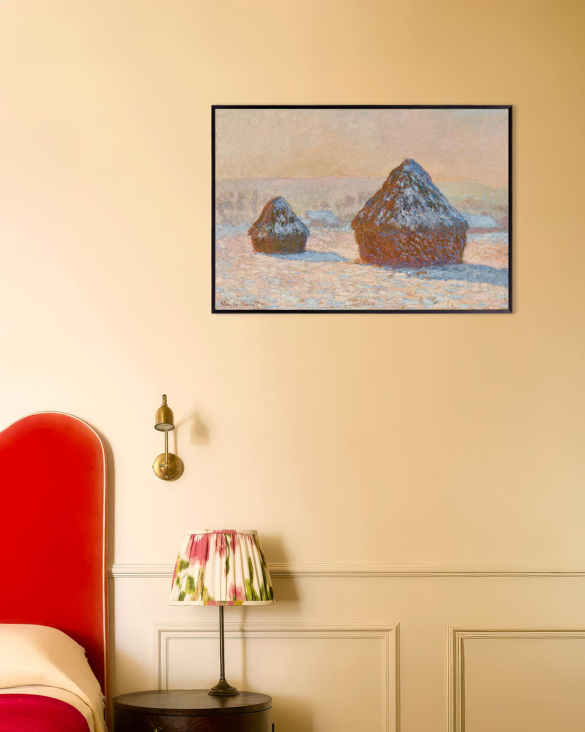 Claude Monet’n Viljasuovat, lumivaikutelma, aamu (1891) -juliste metallikehyksessä