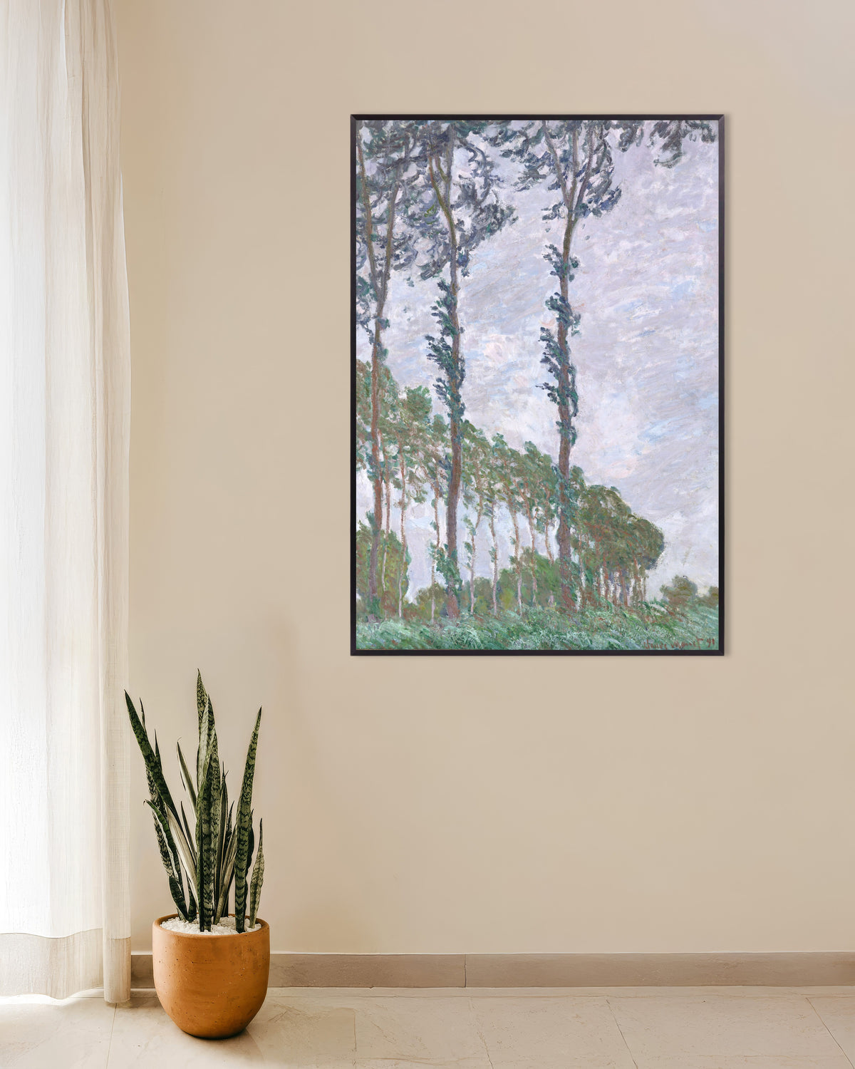 Claude Monet’n Poppelit, tuulivaikutelma (1891) -juliste metallikehyksessä