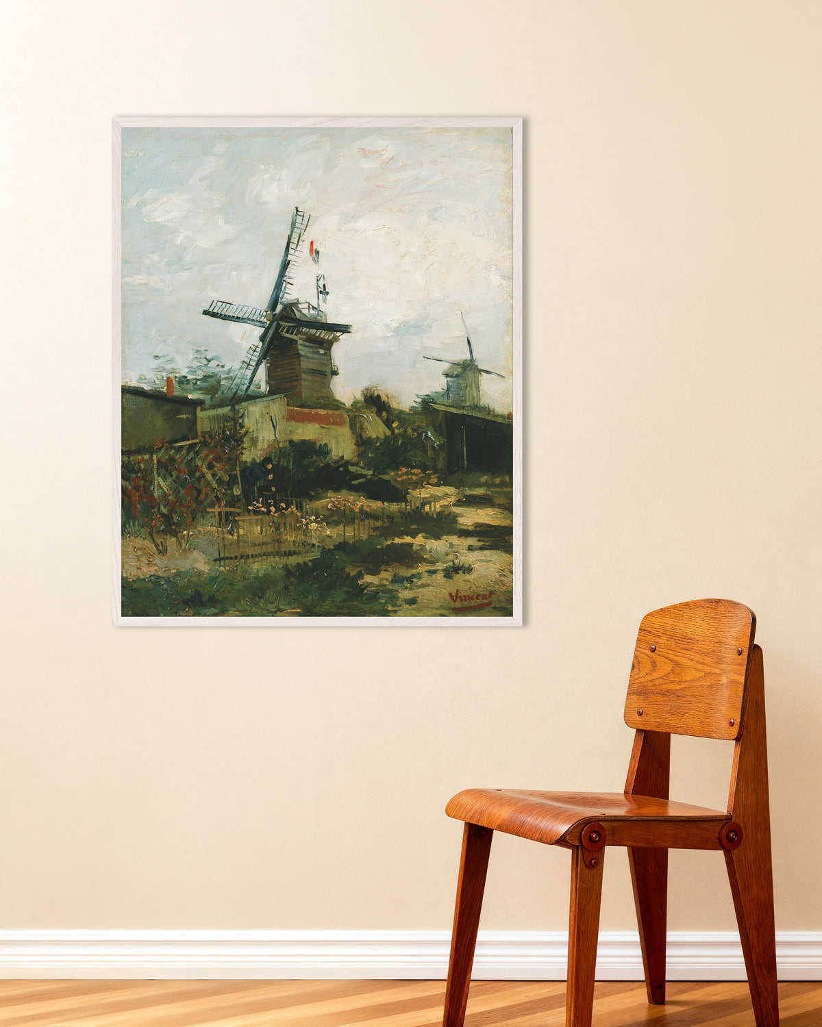 Juliste teoksesta Vincent van Goghin Maunamyllyt Montmartrella (1886), valkoisella puukehyksellä