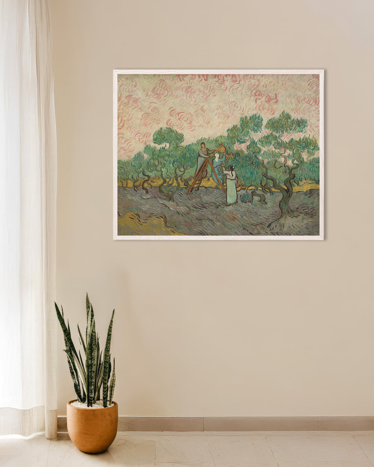 Juliste, Vincent van Goghin teos Naiset poimimassa oliiveja (1889), valkoisella puukehyksellä