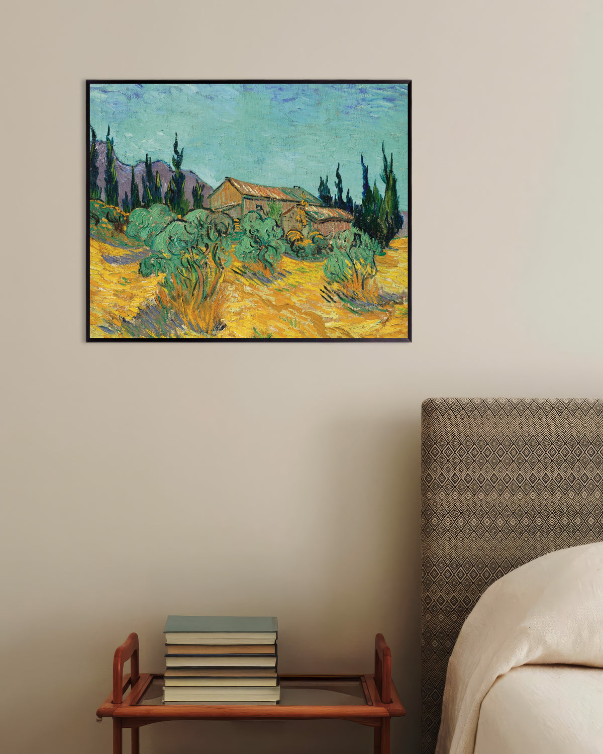 Juliste teoksesta Puupuhdat oliivipuiden ja sypressien keskellä (1889), Vincent van Gogh, metallikehyksellä
