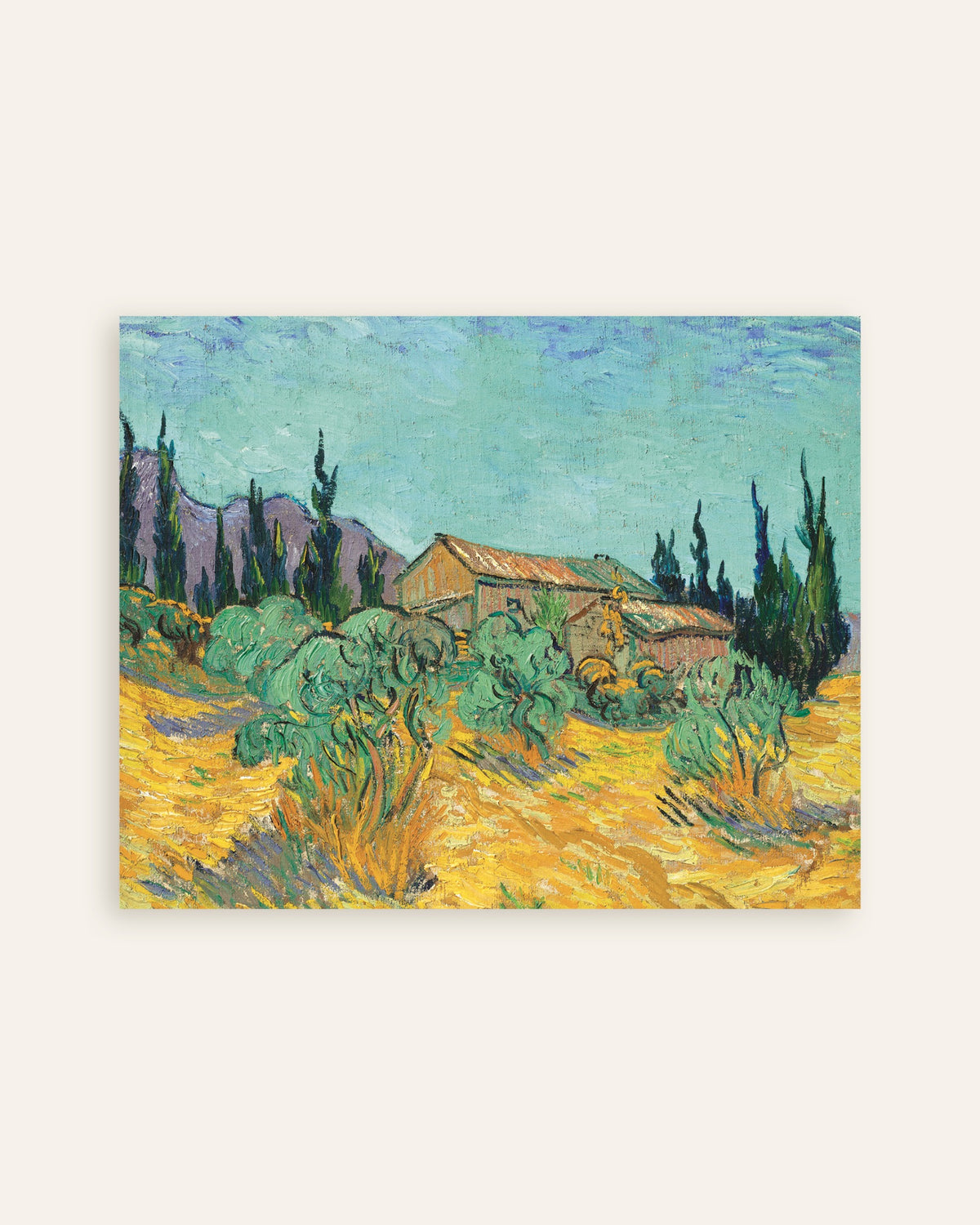 Juliste teoksesta Puupuhdat oliivipuiden ja sypressien keskellä (1889), Vincent van Gogh, pikkukuva